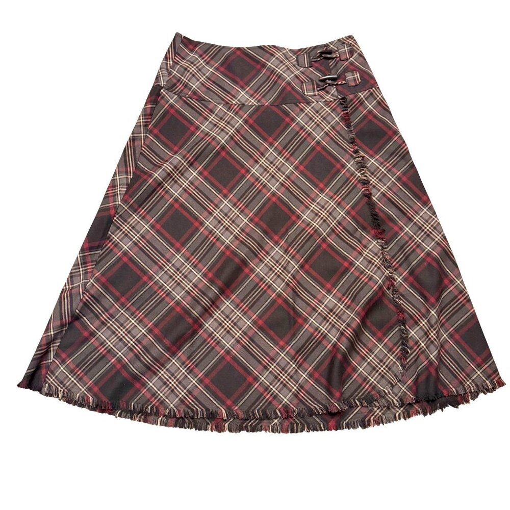 Croft & Barrow Women's Skirt Sz 14 Black Red Plaid Fringe Toggle Stretch Vintage